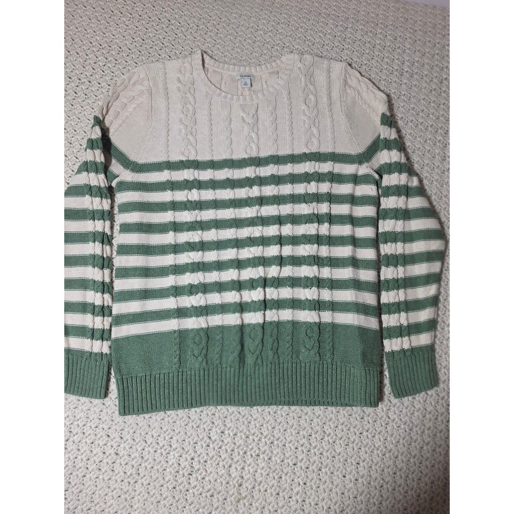 L.L.Bean Sweater Women XL Green Cream Excellent Cable Knit Striped Cotton